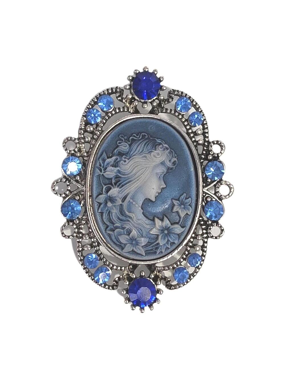 Vintage Inspired Resin Cameo Brooch Pin  3 inches  with Blue Rrinesones